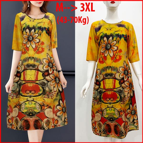SHOPPRO - THỜI TRANG TRUNG NIÊN - ĐẦM SUÔNG DẠO PHỐ KIỂU ĐẦM CỔ TRÒN IN CHỮ VÀ HOA VÀNG 3213 3228 3233 3230 3234 3283