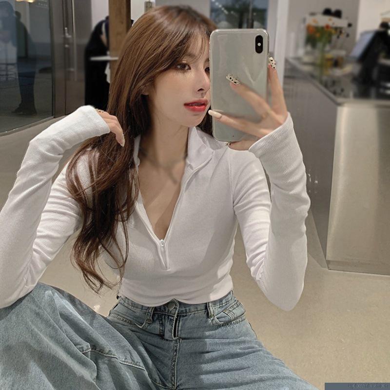 Áo crop top tay dài màu sắc thời trang thu đông cho nữ