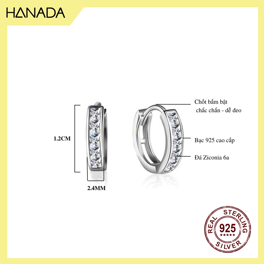 Khuyên Tròn Bạc 925 Dày 2.4mm Bấm Bật Đính Đá Đơn Giản Khoen Tròn Nam Nữ Hanada 1047