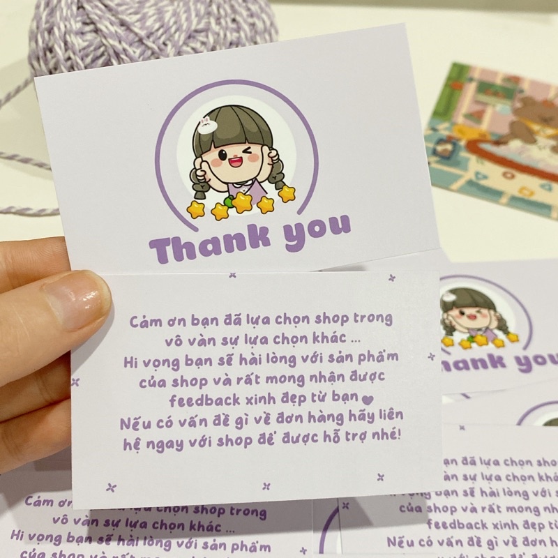 Combo card cảm ơn thank you cô gái dễ thương màu tím