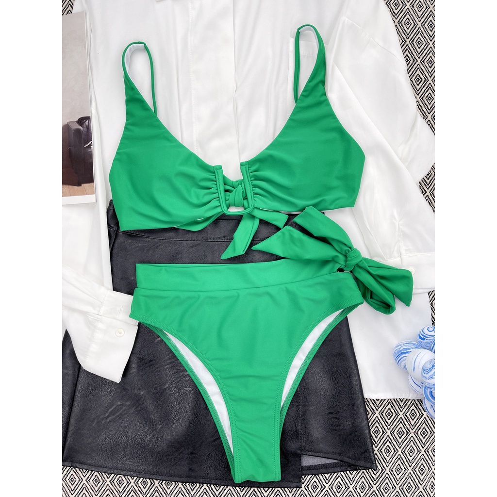 Bộ Đồ Bơi Bikini Hai Mảnh Lưng Cao Hai Mảnh Màu Sắc Xanh Lá Hình Chữ U Dành Cho Nữ