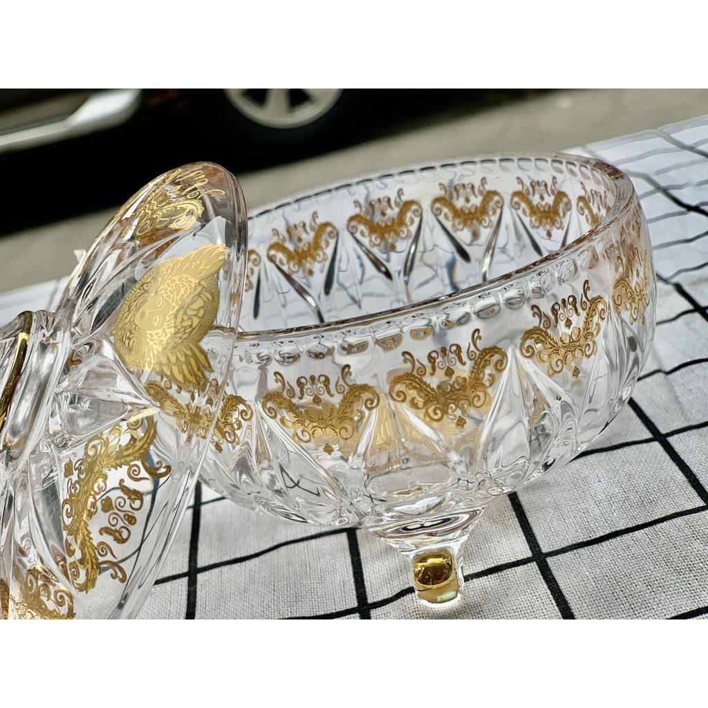 [Sỉ] Âu thố hũ pha lê có chân mạ vàng có nắp đậy đựng ô mai mứt bánh kẹo sang trọng cao cấp dày dặn đẹp M3