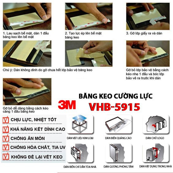 Băng Keo Cường Lực 2 Mặt 3M VHB 5915 Siêu dính Chịu lực Loại mỏng (0.4mmx10mmx33m)