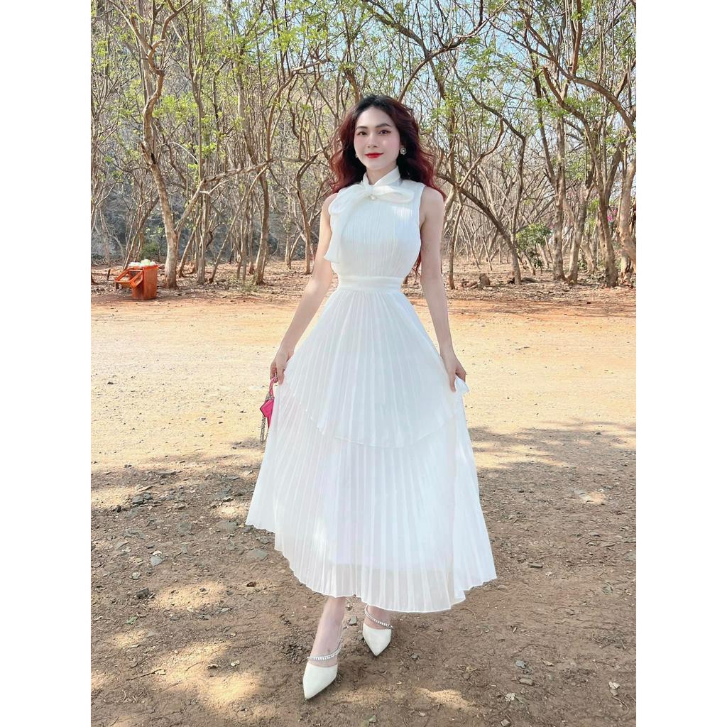 Set bộ đồ nữ tiểu thư sang chảnh với áo nơ cổ tơ xốp sọc mix chân váy voan dập ly form dài dành cho các nàng