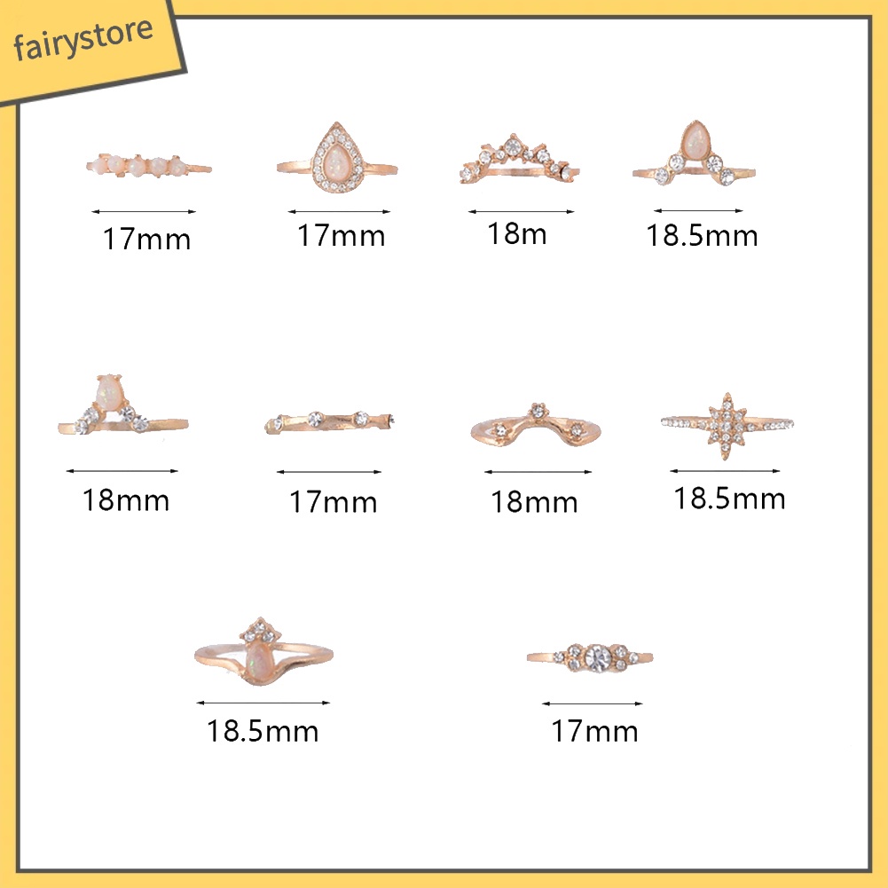 Set 10 Nhẫn Đeo Đốt Ngón Tay Đính Đá Opal Nhân Tạo Thời Trang