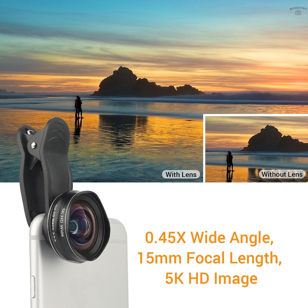 ღ  2-in-1 5K HD Smartphone Camera Lens 0.45X Wide-angle + 15X Macro Phone Lens with Universal Clip Compatible with iPhone Samsung Huawei Smartphones