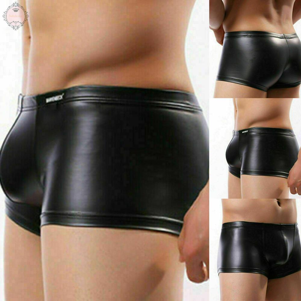 Quần lót boxer chất liệu da bóng màu đen trơn gợi cảm 2021