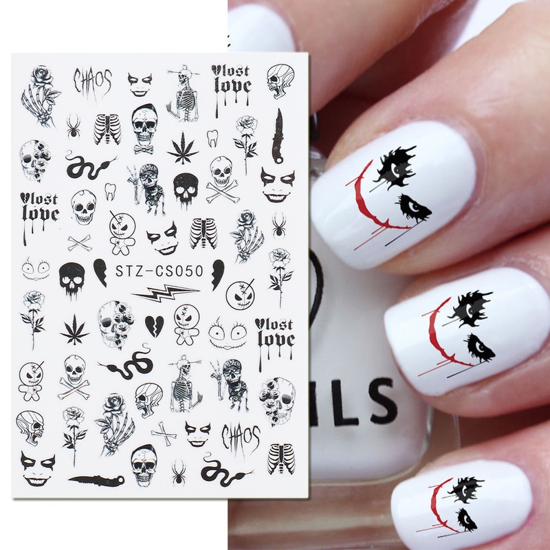 Miếng Dán Trang Trí Móng Tay Hình Đầu Lâu / Hoa Lá Phong / Đầu Lâu / Xương Rắn Màu Đen Phong Cách Halloween
