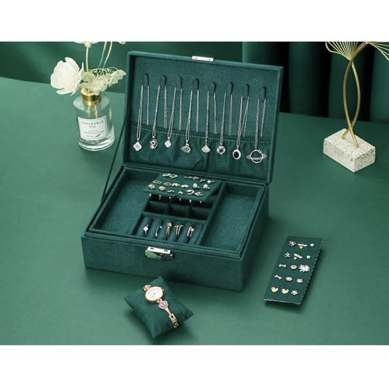 [NL032] Hộp đựng trang sức nhung 2 tầng có mút đựng đồng hồ- Khoá hộp