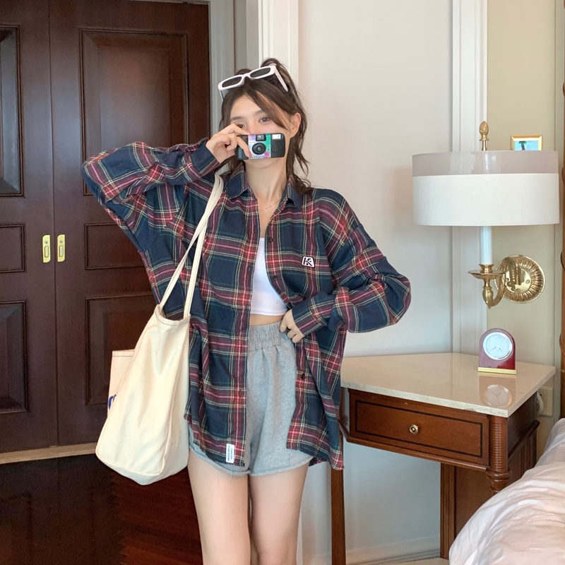 Áo sơ mi SUXI caro tay dài dáng rộng màu đỏ rượu thời trang cho nam và nữ