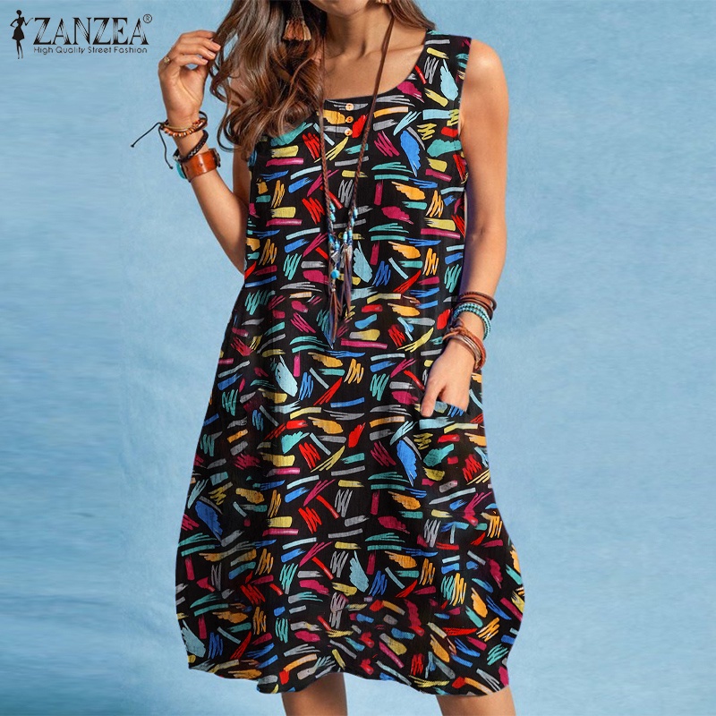 Đầm ngắn Zanzea không tay in họa tiết vintage cho nữ