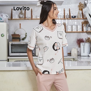 Bộ đồ ngủ Lovito cổ chữ V in họa tiết hoạt hình ngọt ngào L02060 (màu hồng)