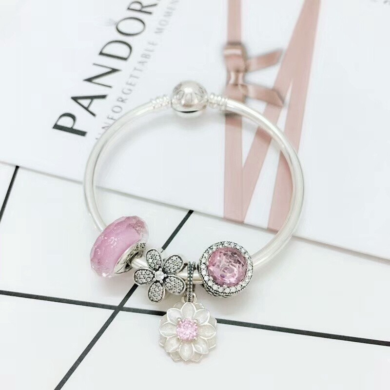 PANDORA Set Vòng Tay Nữ Mạ Bạc 925 Mặt Hoa Tuyết Đính Đá Pha Lê fsd1478