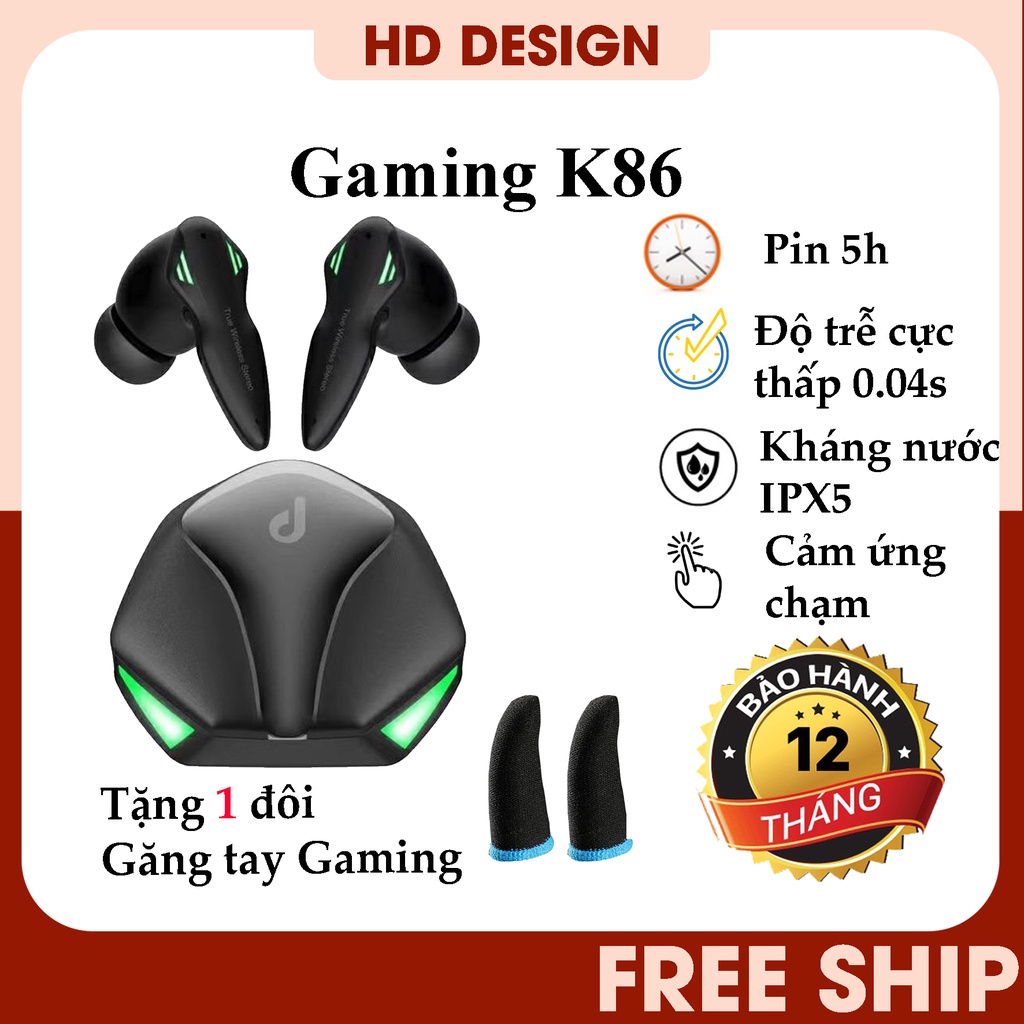 Tai Nghe Chơi Game Bluetooth K86, Tai Nghe Gaming Không Dây 5.1 TWS - Có Mic - Không Dây - Pin Trâu - Độ Trễ Cực Thấp