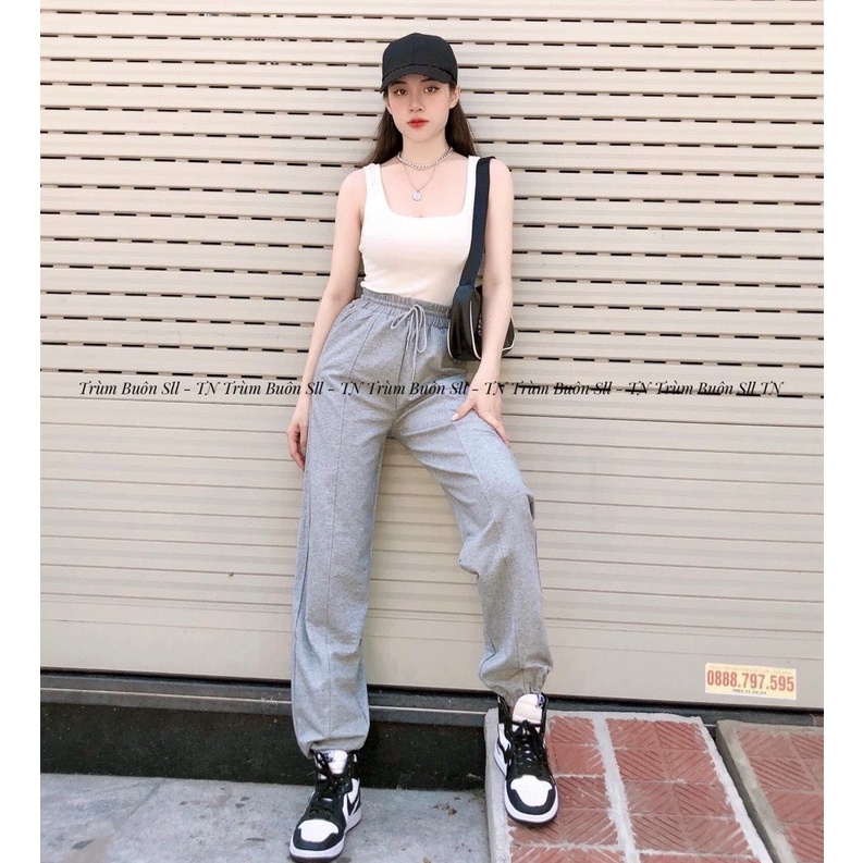Quần jogger nam nữ ống rộng dây rút dáng dài chất da cá dày dặn màu đen mùa đông - Quần nỉ nữ ống bo gấu ống suông thụng