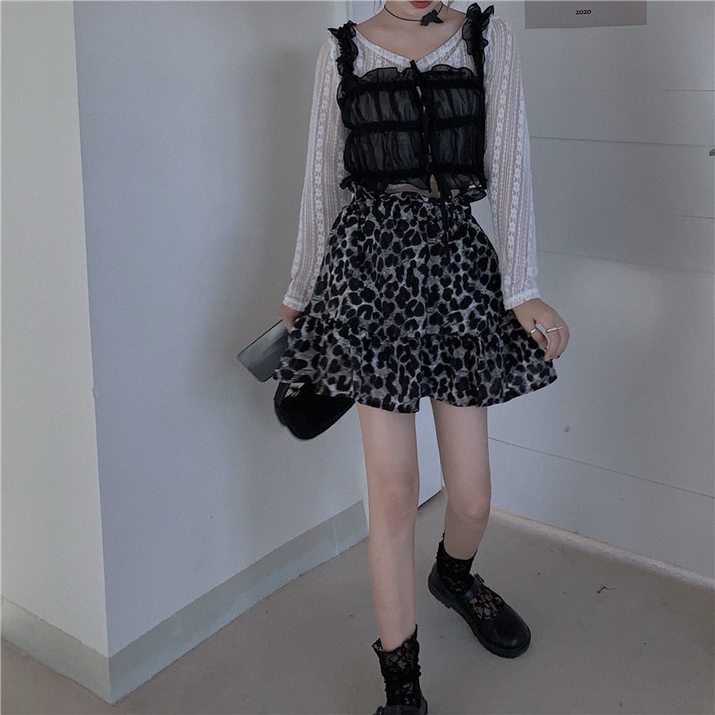 Jiashucheng Bộ Áo Ren Dài Tay + Chân Váy In Họa Tiết Da Báo Phong Cách Mới Cho Nữ