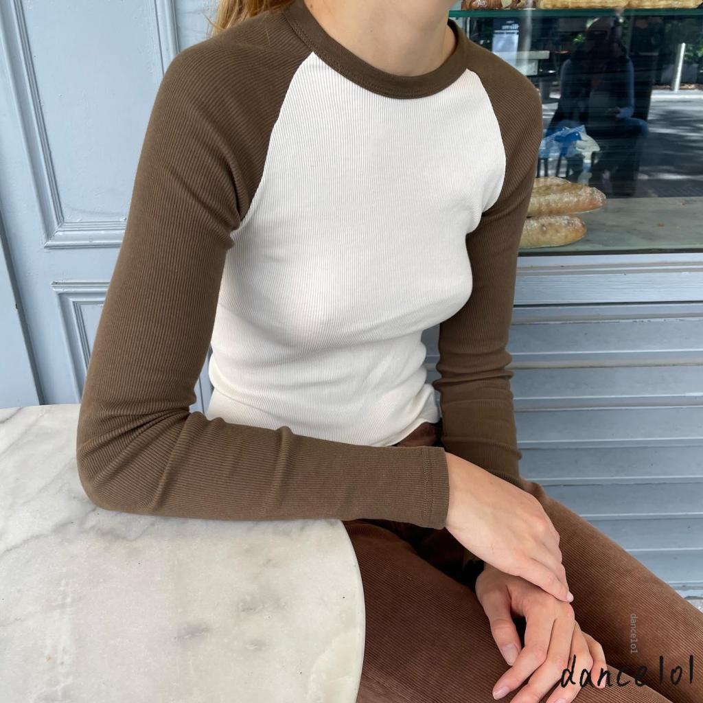 Áo Thun Nữ Tay Dài Cổ Tròn Màu Tương Phản Thời Trang dance1o1-Harajuku