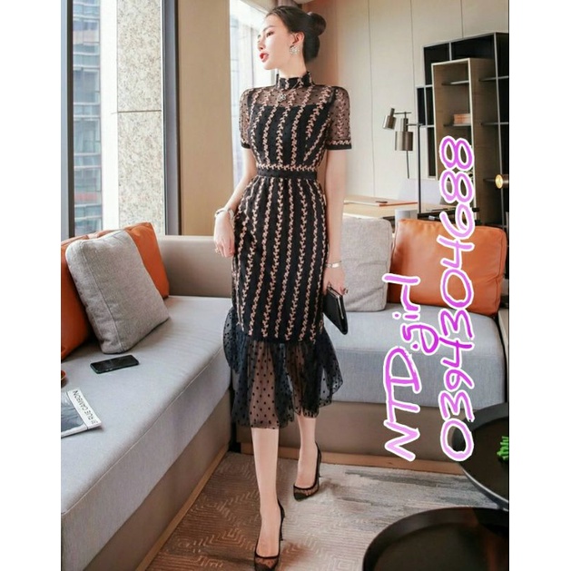 Hàng nhập - Đầm dáng ôm dự tiệc ren lưới thêu hoa, váy body đuôi cá cổ trụ