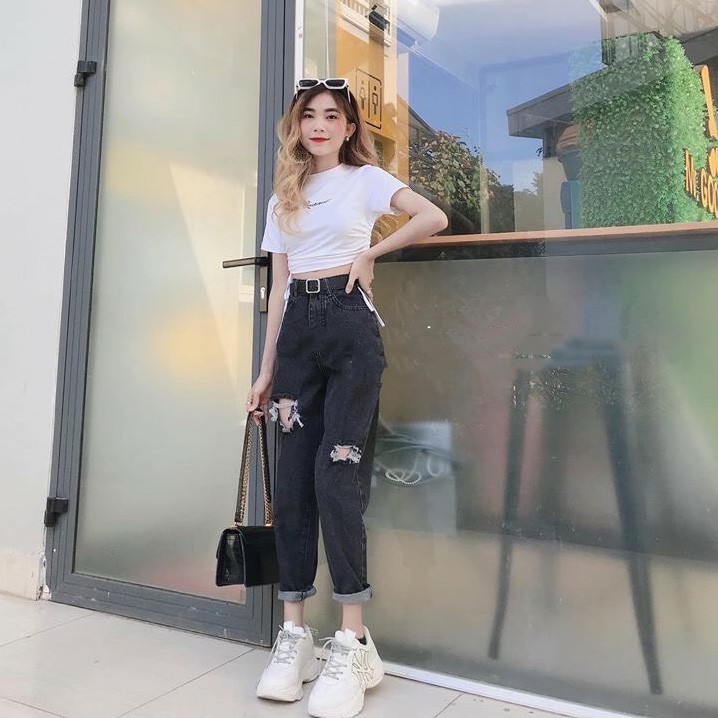 Quần Baggy Jean Rách, Lưng Cao Màu Đen Cực Cá Tính 454