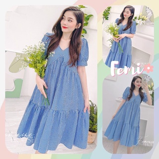 Đầm Caro Suông Cổ V, đầm kẻ cổ v, đầm sọc xanh thủy thủ, đầm kẻ suông, đầm mặc hè đi biển