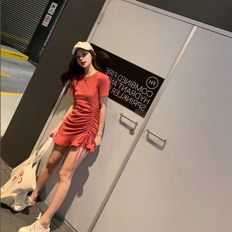 Xiaozhainv Đầm tay ngắn phối dây rút màu trơn phong cách Hàn Quốc | BigBuy360 - bigbuy360.vn