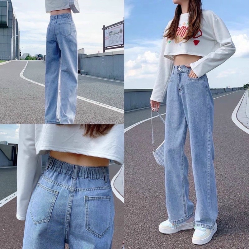 Quần jeans nữ suông rộng lưng chun cạp cao dễ mặc siêu hack dáng