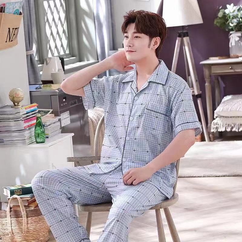 Bộ đồ ngủ nam kẻ sọc ngắn tay hoạt hình bằng vải cotton phục vụ tại nhà | BigBuy360 - bigbuy360.vn