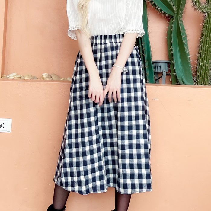 Chân váy dài chất vải thô Quảng Châu dáng suông vintage kẻ ô vuông phong cách Hàn Quốc🍑
