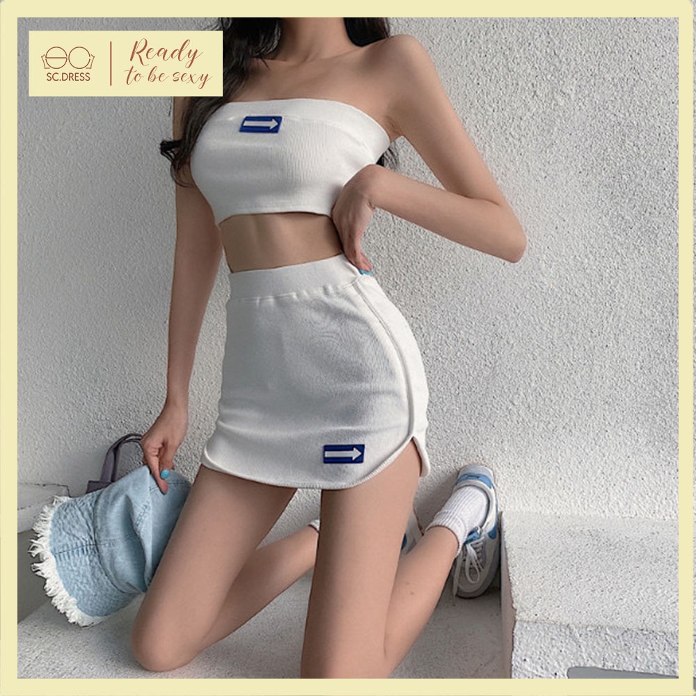 Set bộ len áo quây ngực croptop mix chân váy ngắn chữ A xẻ tà sexy phong cách US UK S00020