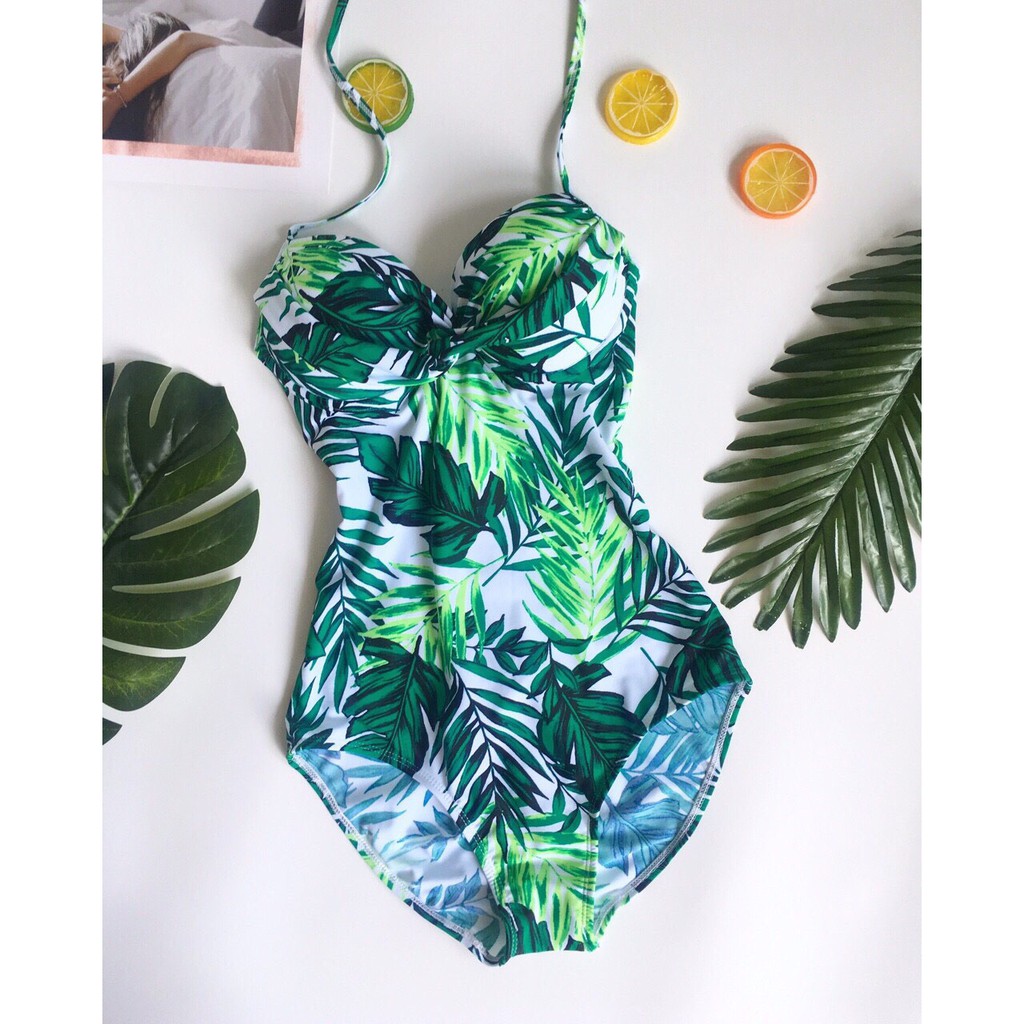 Bikini một mảnh họa tiết lá xanh mặc đi biển đi bơi đẹp