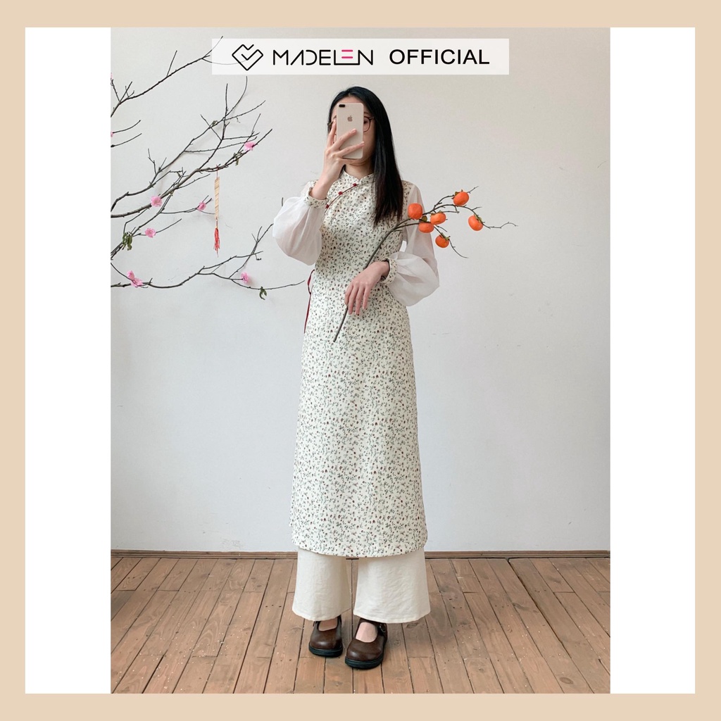 Áo Dài Thương Nhớ màu hoa nhí xanh mix nơ đỏ MADELEN