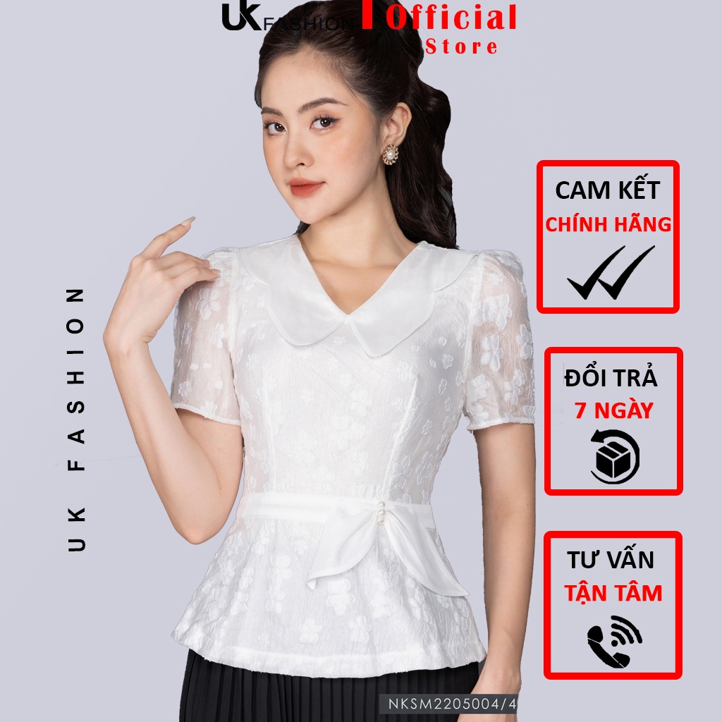Áo sơ mi nữ công sở ngắn tay thêu nổi họa tiết hoa văn thời trang UK FASHION 2 màu trắng xanh NKSM2205004