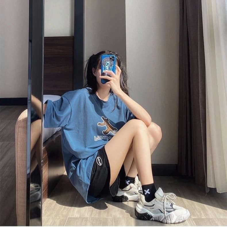 Bộ áo thun gấu xanh quần logo SPORTY thể thao form rộng FREESHIP