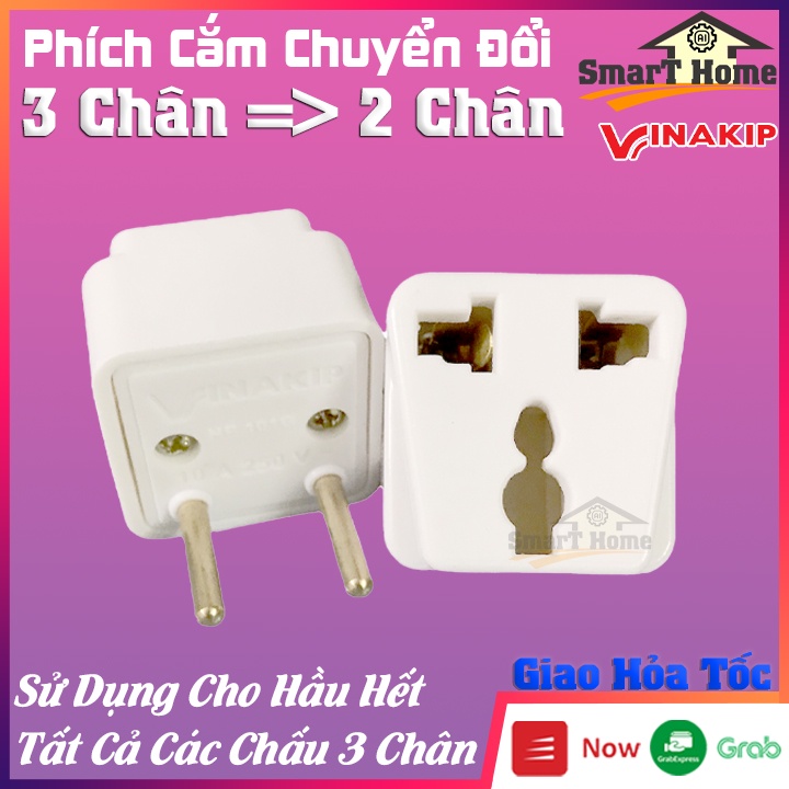 Chấu Điện 3 Sang 2 VINAKIP- Phích Cắm Chuyển Đổi 3 Chân Thành 2 Chấu 10A 250V/50Hz , Sử Dụng Hầu Hết Được Với Chấu 3Chân