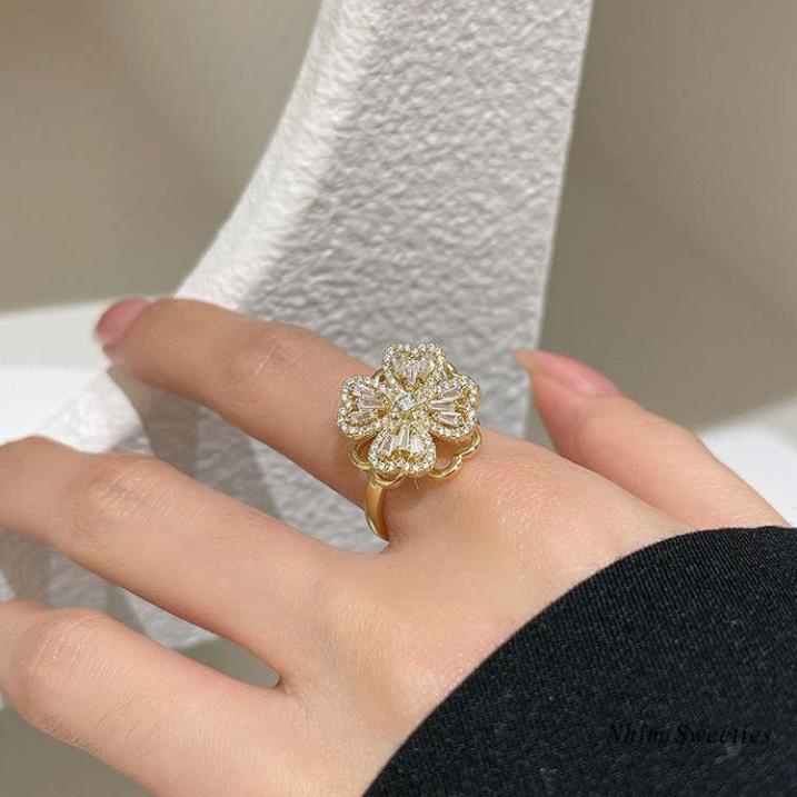Nhẫn bạc nữ đính đá lấp lánh họa tiết cỏ bốn lá phong cách Hàn Quốc dành cho nữ