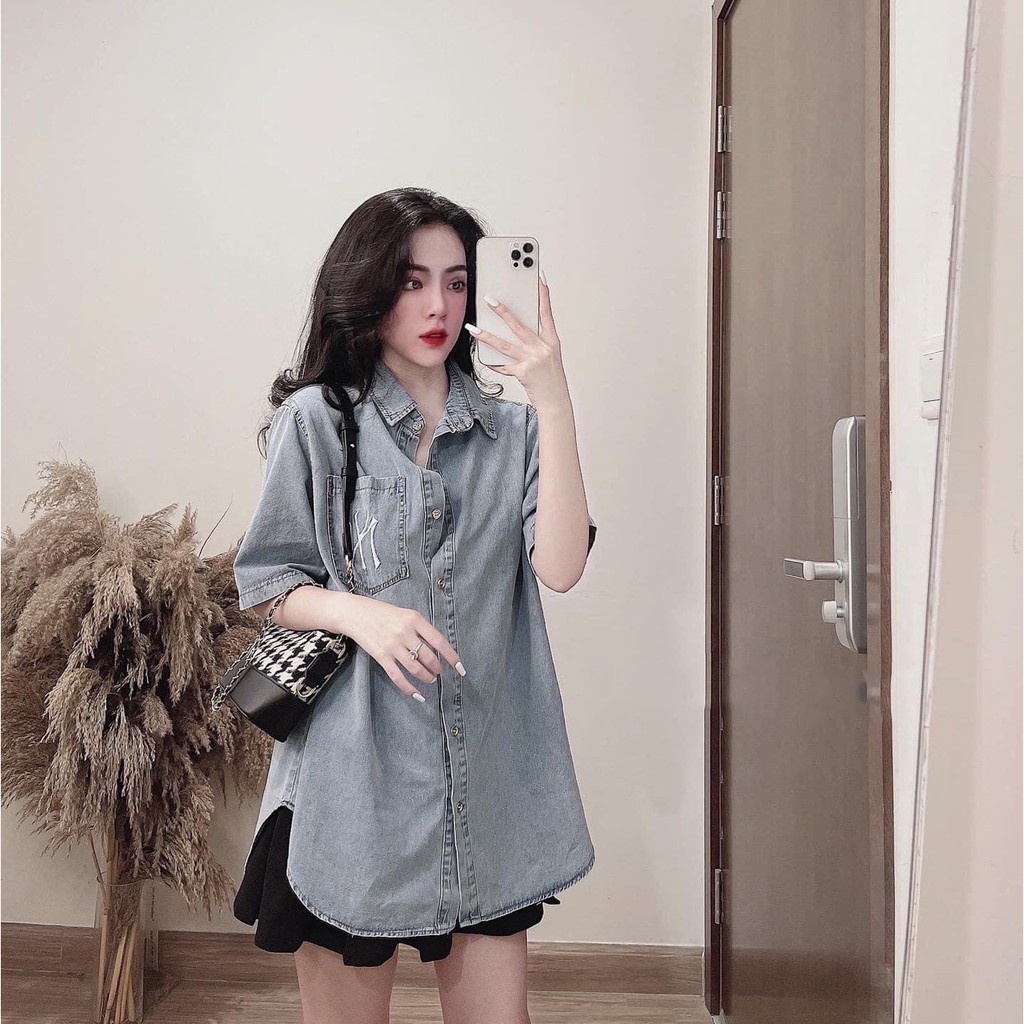 Áo sơ mi jean nữ tay ngắn form rộng bigsize khoác ngoài đẹp HIJUNE AJ01