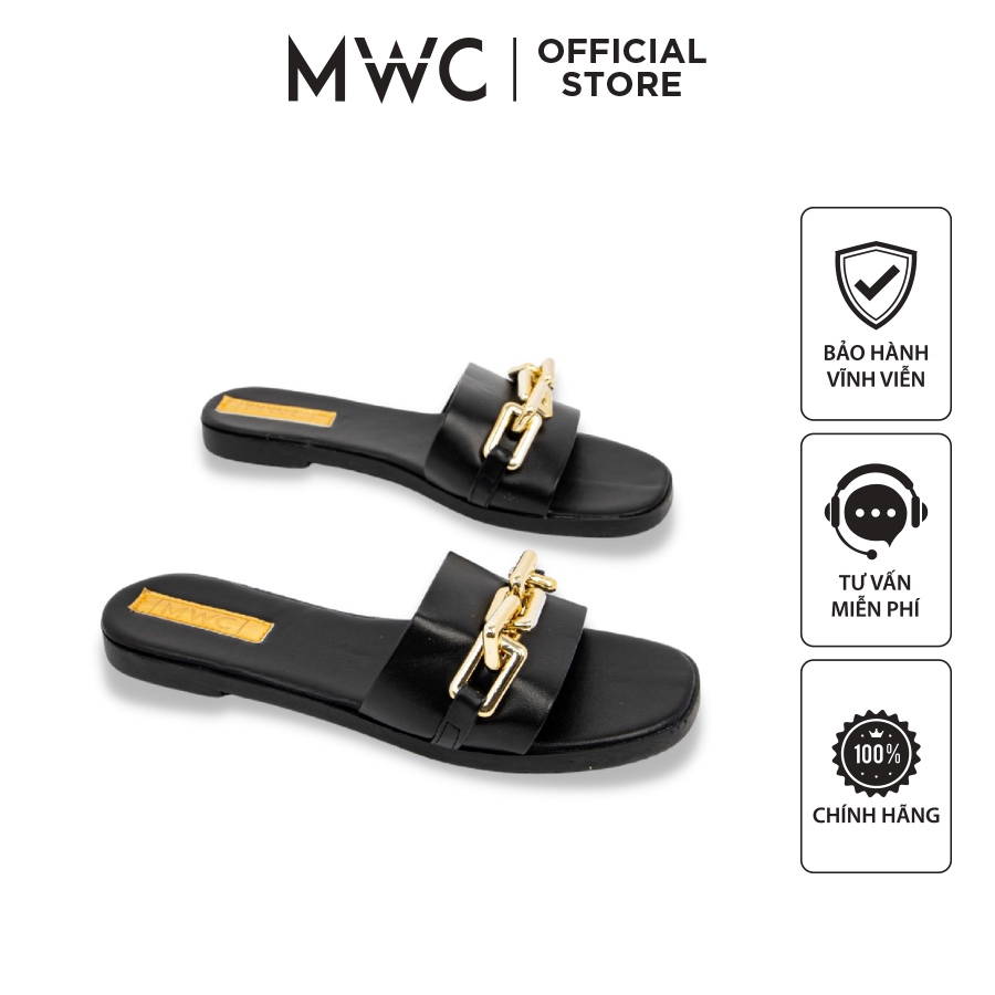 Dép MWC 3436 - Dép Nữ Đế Bệt, Dép Quai Ngang Bản To Đính Móc Xích, Dép Mũi Tròn Thời Trang