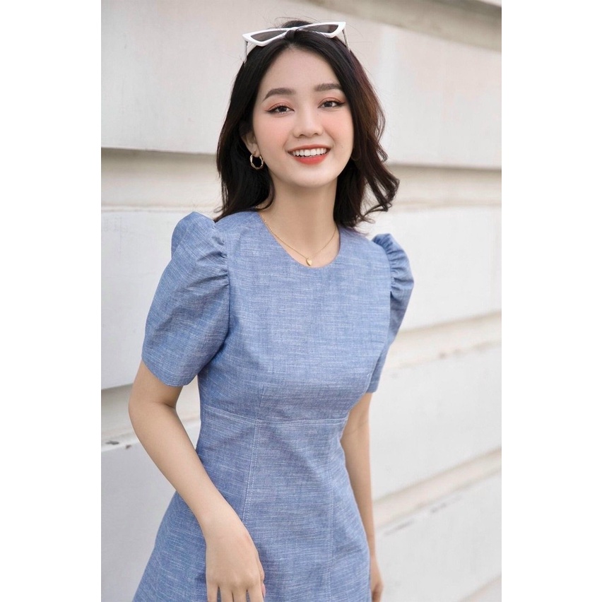 Đầm Xòe Công Sở Akara DT279 Dáng A Cổ Tròn Tay Phồng Màu Xanh Phù Hợp Dự Tiệc Dạo Phố | BigBuy360 - bigbuy360.vn