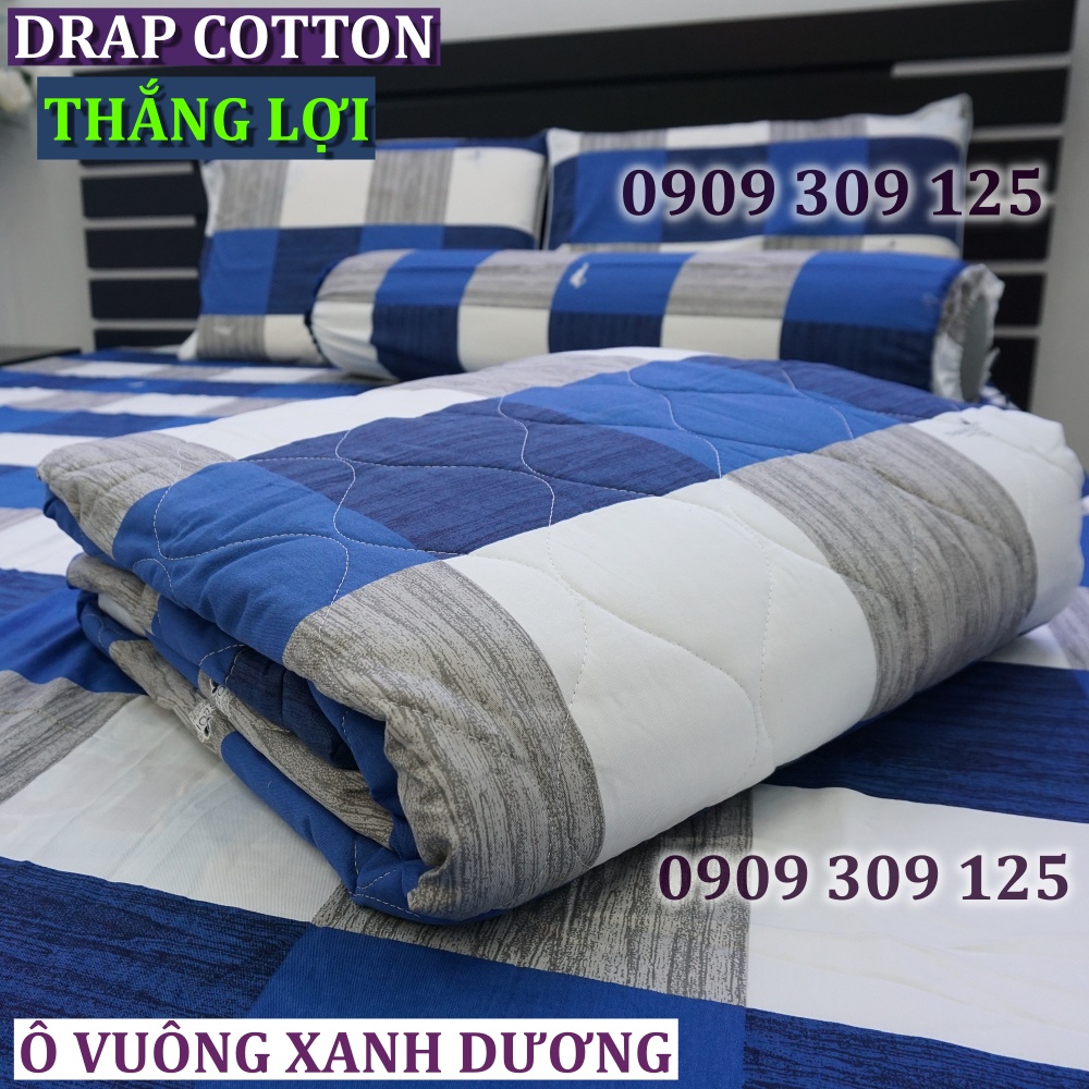 bộ drap cotton Thắng Lợi, ga giường chính hãng Ô VUÔNG XANH DƯƠNG