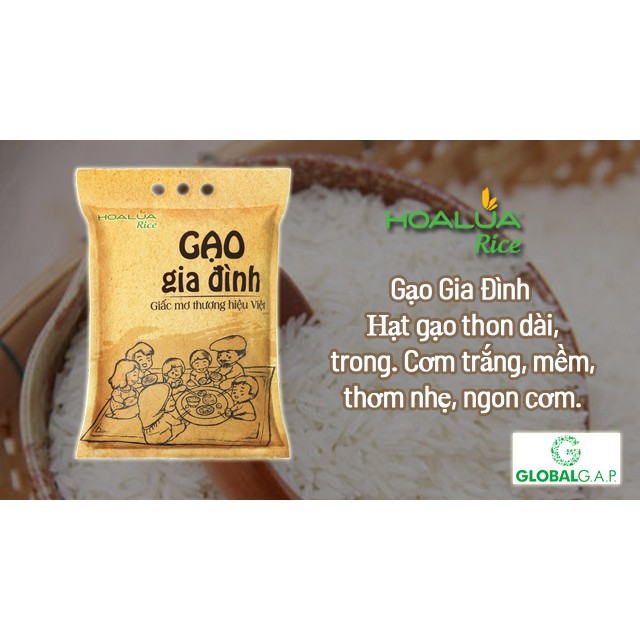 Gạo Gia Đình 5Kg hạt gạo thon dài, trong. Cơm trắng, mềm, thơm nhẹ, ngon cơm.