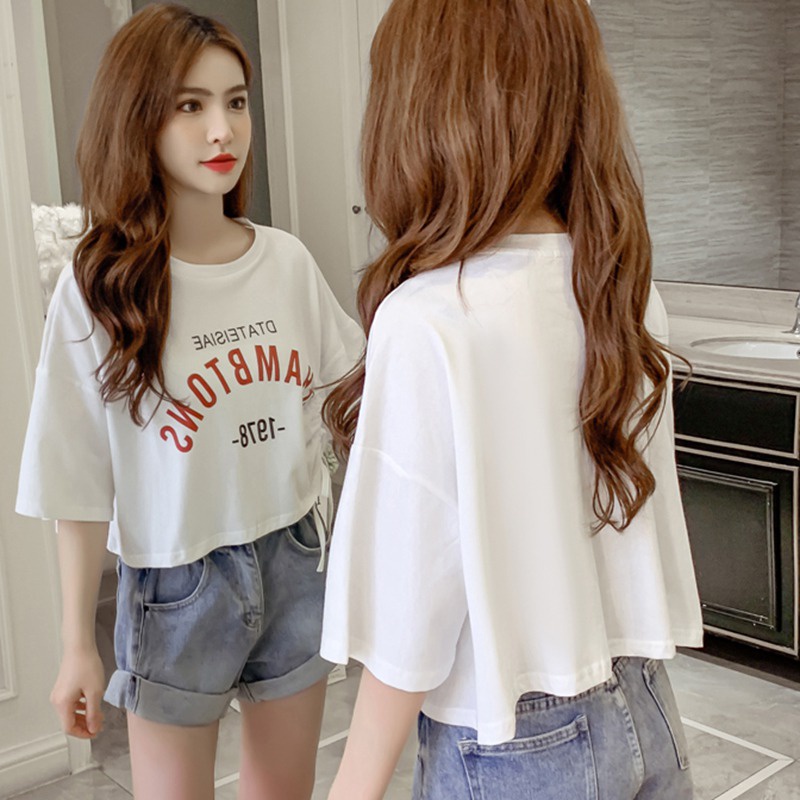 Áo Thun Ngắn Tay Cổ Tròn Dáng Rộng Phối Dây Rút Thời Trang Mùa Hè Cho Nữ