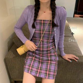 Set đồ tông tím - Váy đầm body hai dây caro sọc vàng - Áo khoác cardigan croptop điệu đà