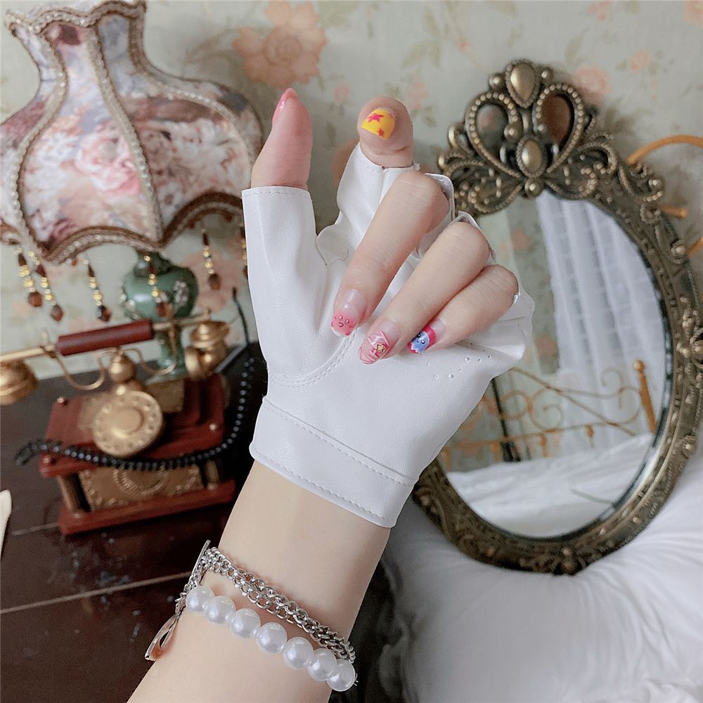 Găng tay hở ngón bằng da PU in họa tiết hoạt hình phong cách Lolita Hàn Quốc