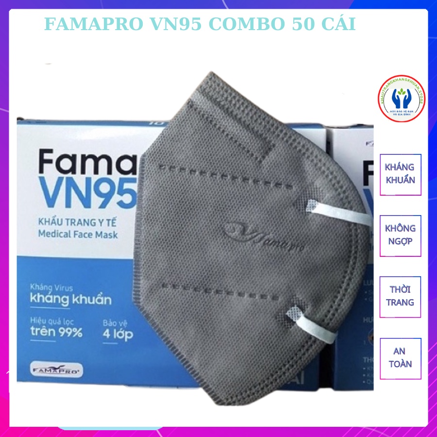Khẩu trang VN95, Khẩu trang FAMAPRO [COMBO5] [HÀNG XỊN], kháng khuẩn chống bụi – Tiêu Chuẩn Châu Âu | FDA,4 Lớp (50 Cái)