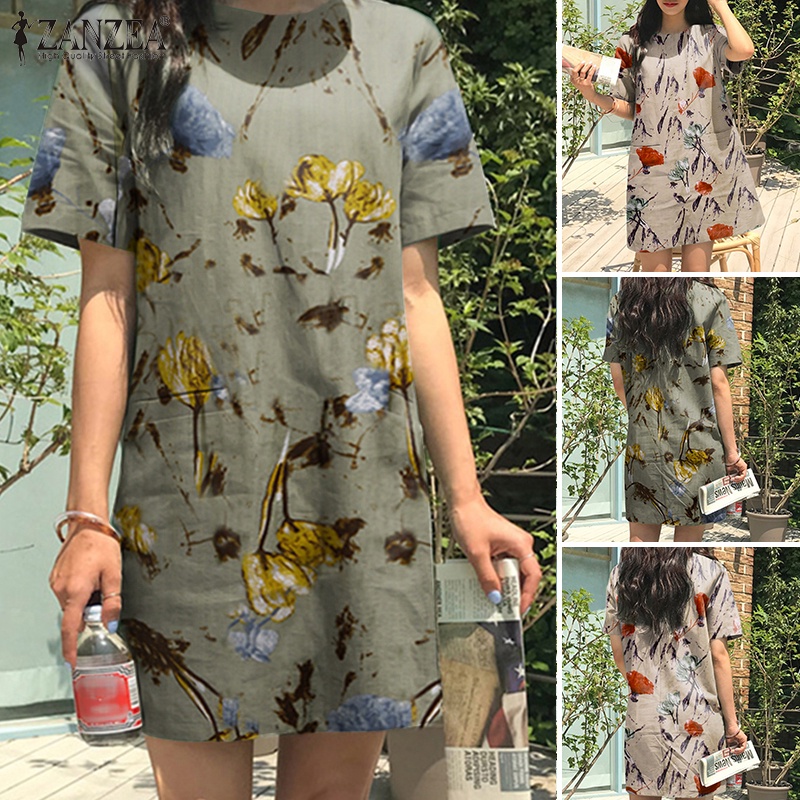 Đầm tay ngắn ZANZEA cổ tròn phong cách vintage dành cho nữ
