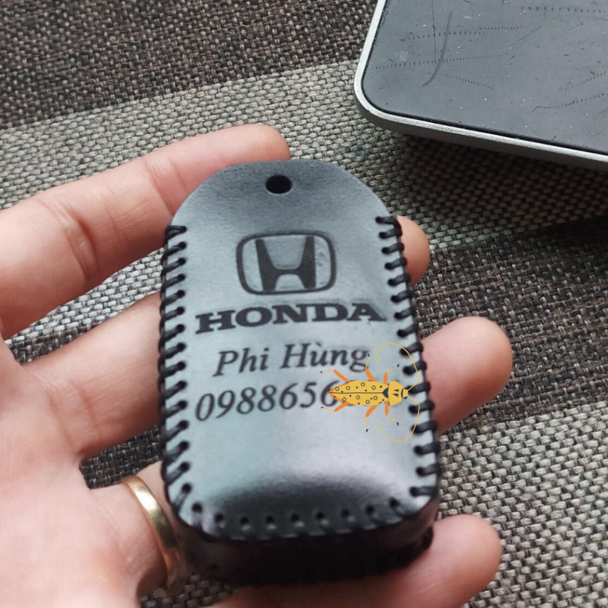 (Da Thật) Bao Da Chìa Khóa Ôtô Honda CRV, HRV, JAZZ (2 nút bấm) Da Bò Nhập Khẩu ITALIA, Khắc Tên + Số ĐT Chủ Xe