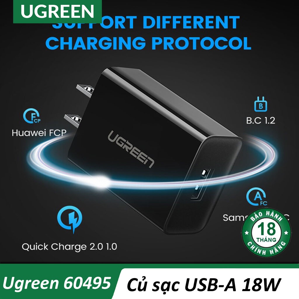 Ugreen 60495 - Củ sạc nhanh 18W chuẩn USB-A hỗ trợ QC 3.0 cao cấp CHính Hãng CD122