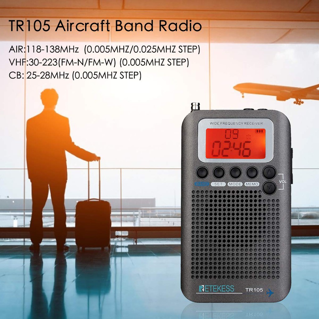 Radio Vô Tuyến Không Lưu Retekess TR105 Cầm Tay Toàn Dải FM AM SW CB VHF Có Loa Báo Kèm Anten Kéo Dài Và Màn Hình LCD