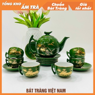 Ấm trà Bát Tràng men xanh ngọc vẽ vàng cao cấp