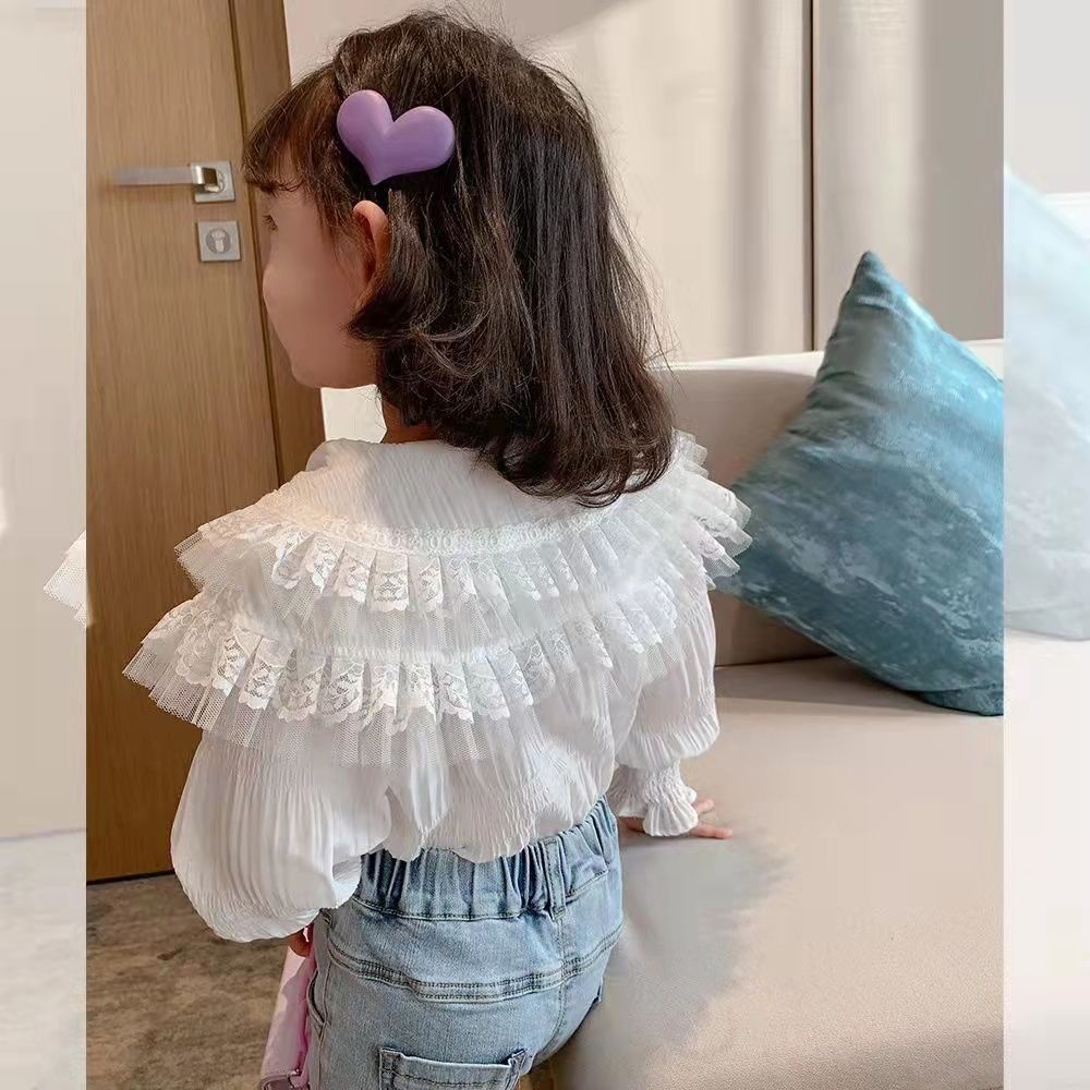 Áo Sơ Mi Trắng Tay Dài Cổ Búp Bê Dễ Thương Xinh Xắn Dành Cho Bé Gái
